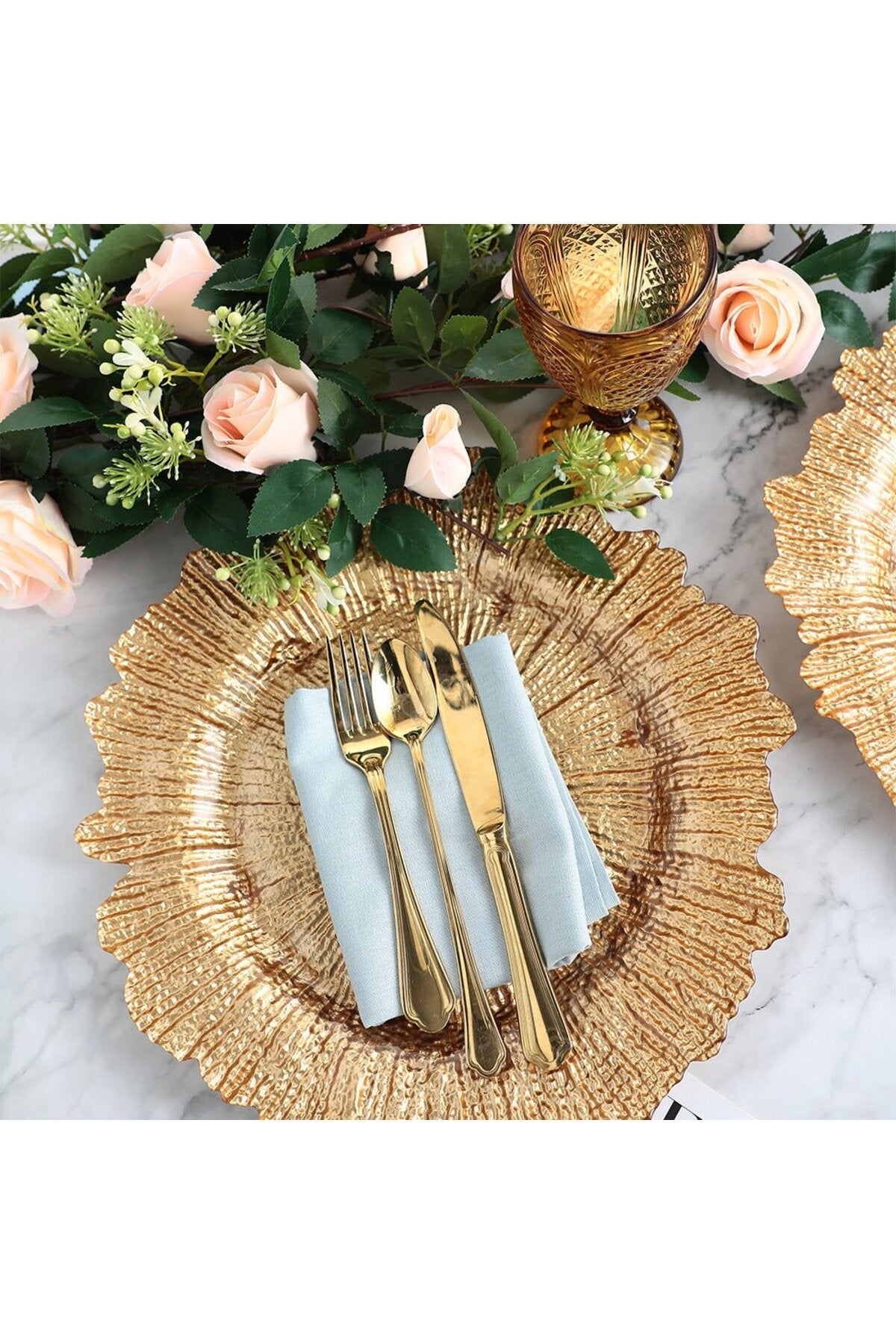 Set 6 farfurie suport decorativă sticlă, model coral auriu, Golden petal, diametru 35 cm