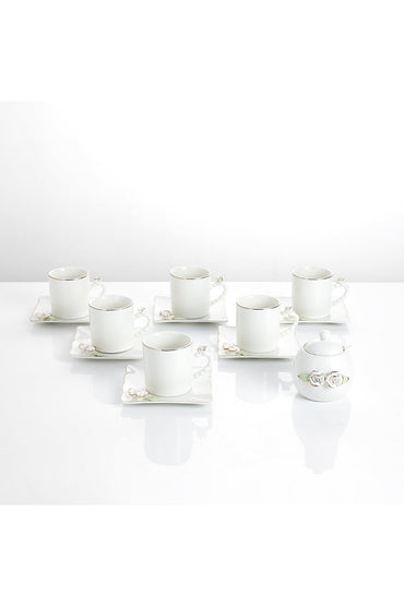Set 6 Cești de Cafea din Porțelan cu Farfurioare și Zaharniță, 180 ml - Detalii Florale