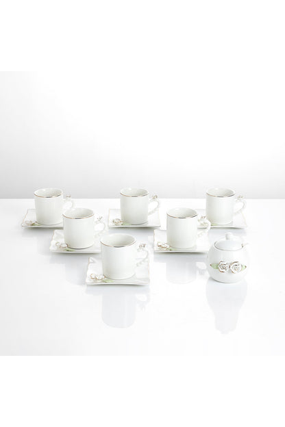 Set 6 Cești de Cafea din Porțelan cu Farfurioare și Zaharniță, 180 ml - Detalii Florale