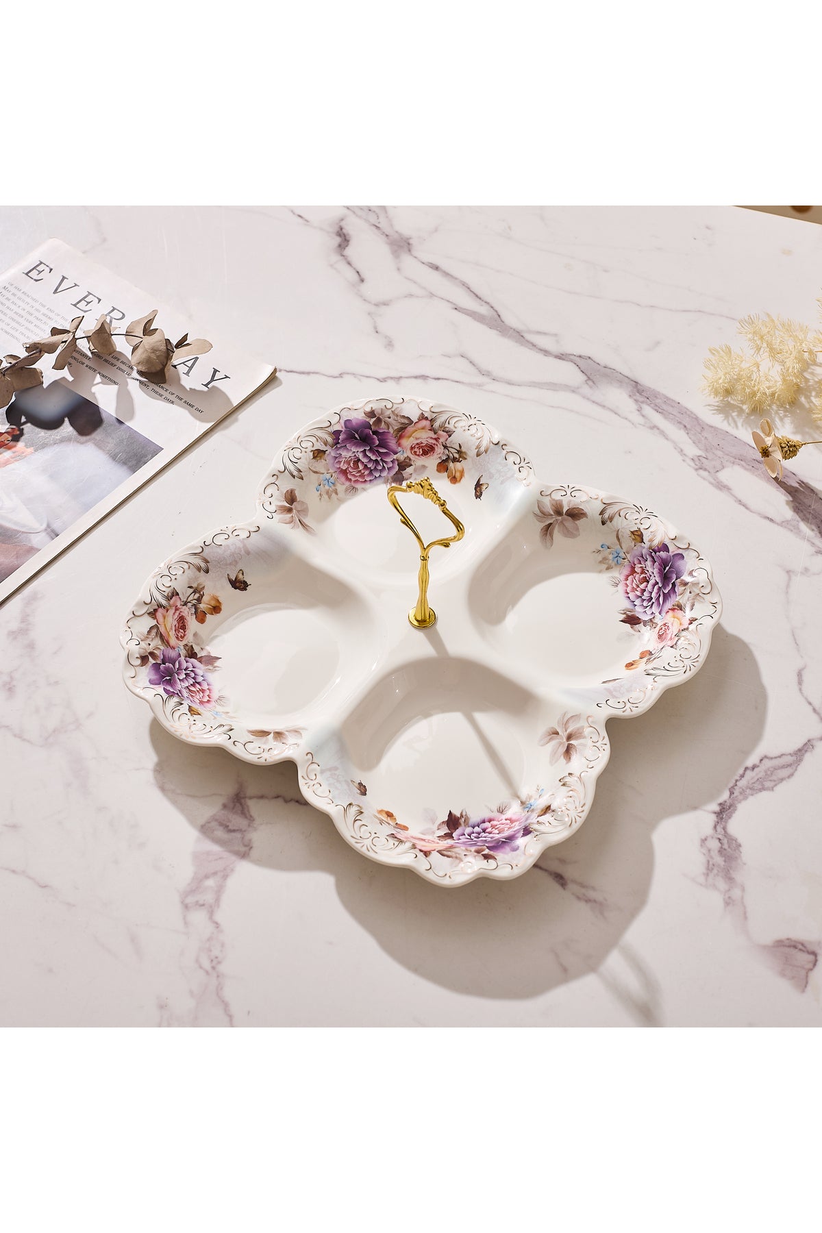 Platou compartimentat 4 secțiuni porțelan model floral vintage, mâner auriu