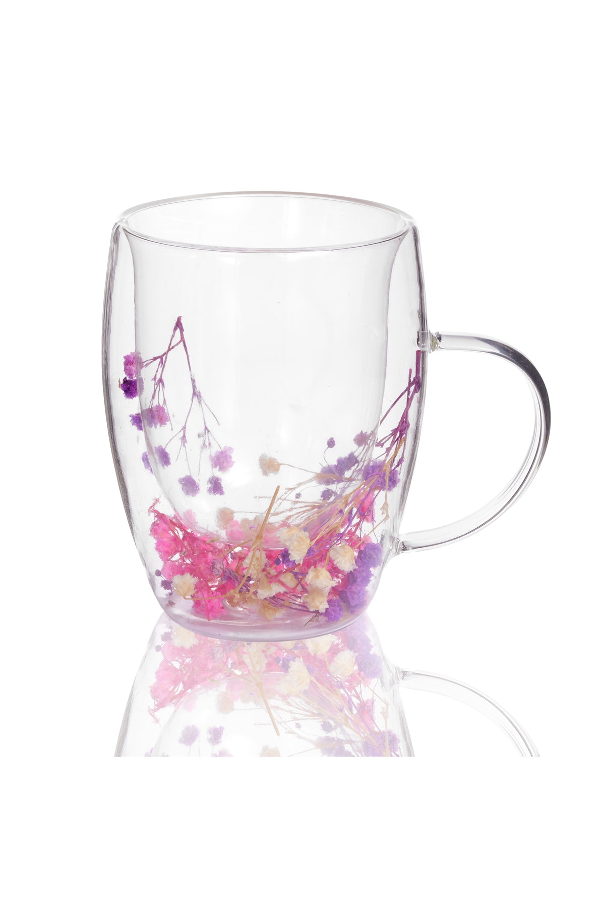 Cană din Sticlă cu Pereți Dubli "Ciplo" cu Flori Uscate Naturale în Nuanțe de Roz,Mov și Crem–350 ml