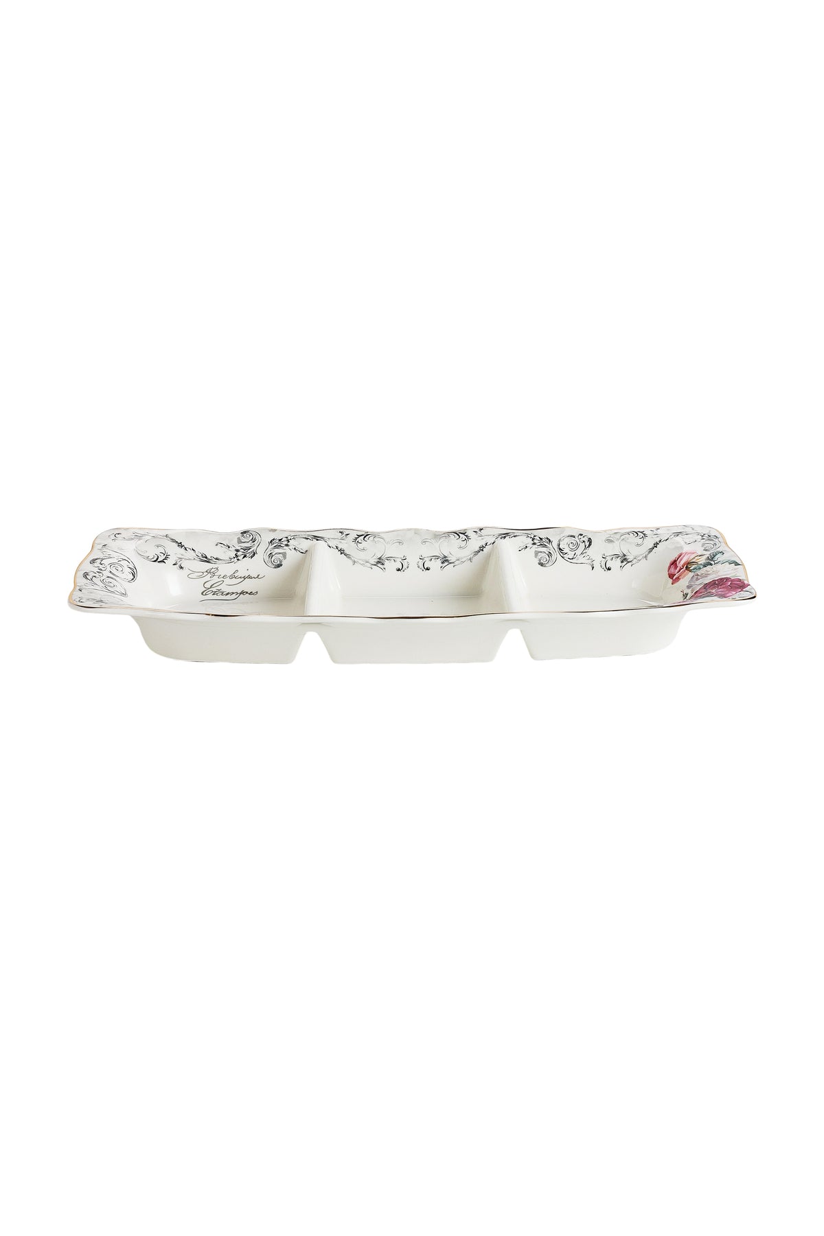 Platou compartimentat 3 secțiuni porțelan model floral vintage, 27 x 14.5 cm
