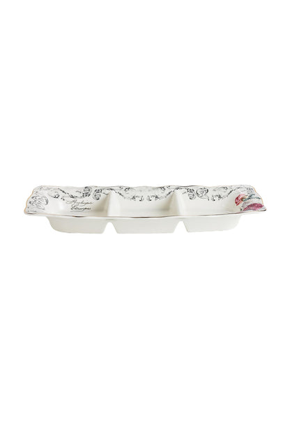 Platou compartimentat 3 secțiuni porțelan model floral vintage, 27 x 14.5 cm