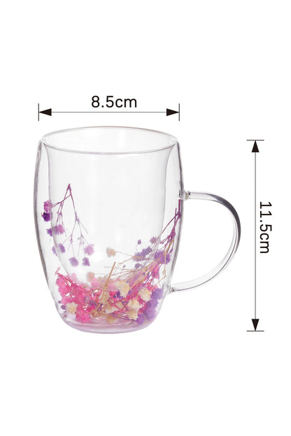 Cană din Sticlă cu Pereți Dubli "Ciplo" cu Flori Uscate Naturale în Nuanțe de Roz,Mov și Crem–350 ml