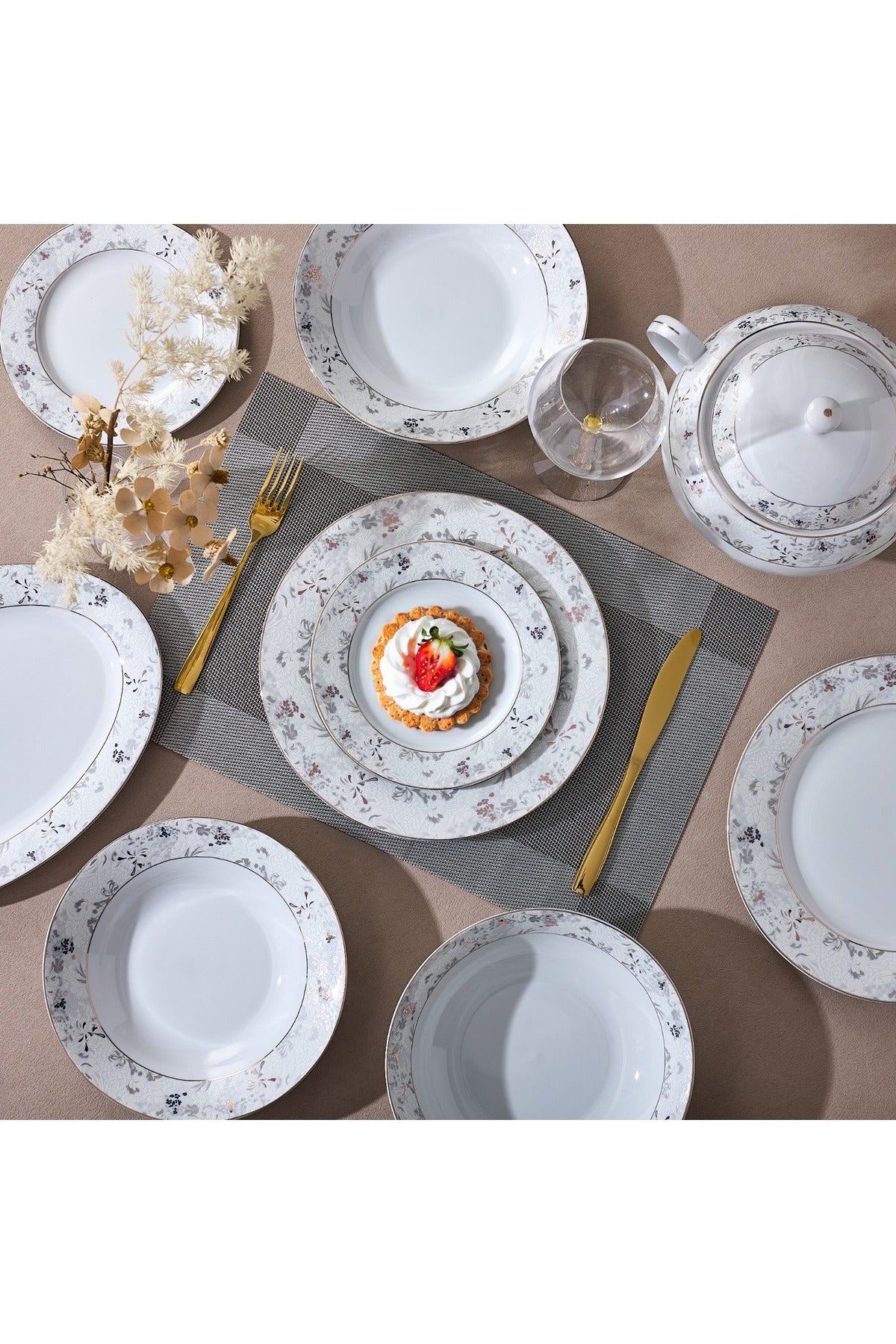 Serviciu de Masă 12 Persoan Golden Blossom din Porțelan 40 pieseDesign Floral Bogat cu Detalii Aurii