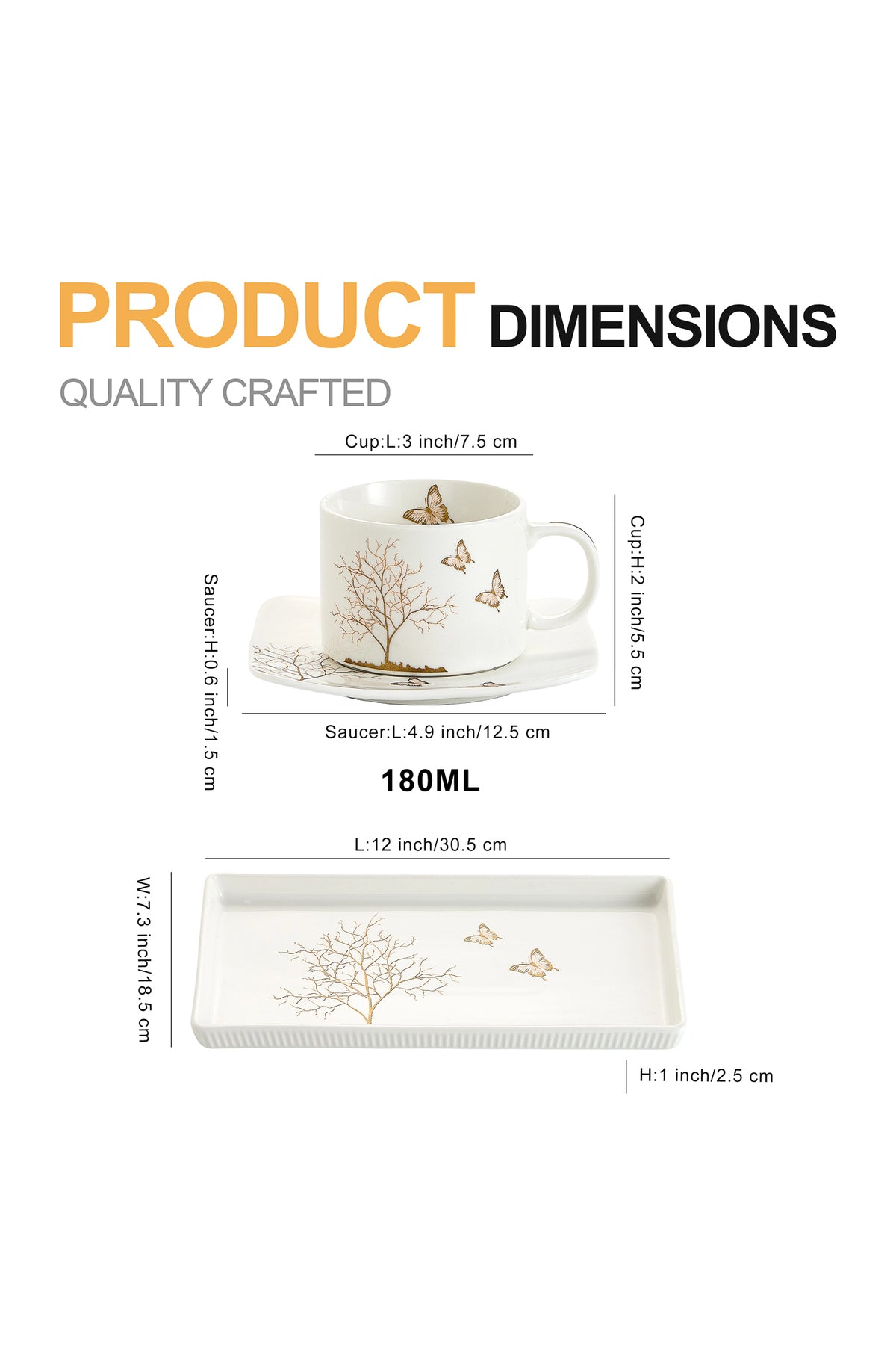 Set 2 cești cu 2 farfurioare și platou din porțelan, 180 ml - LIFETREE collection