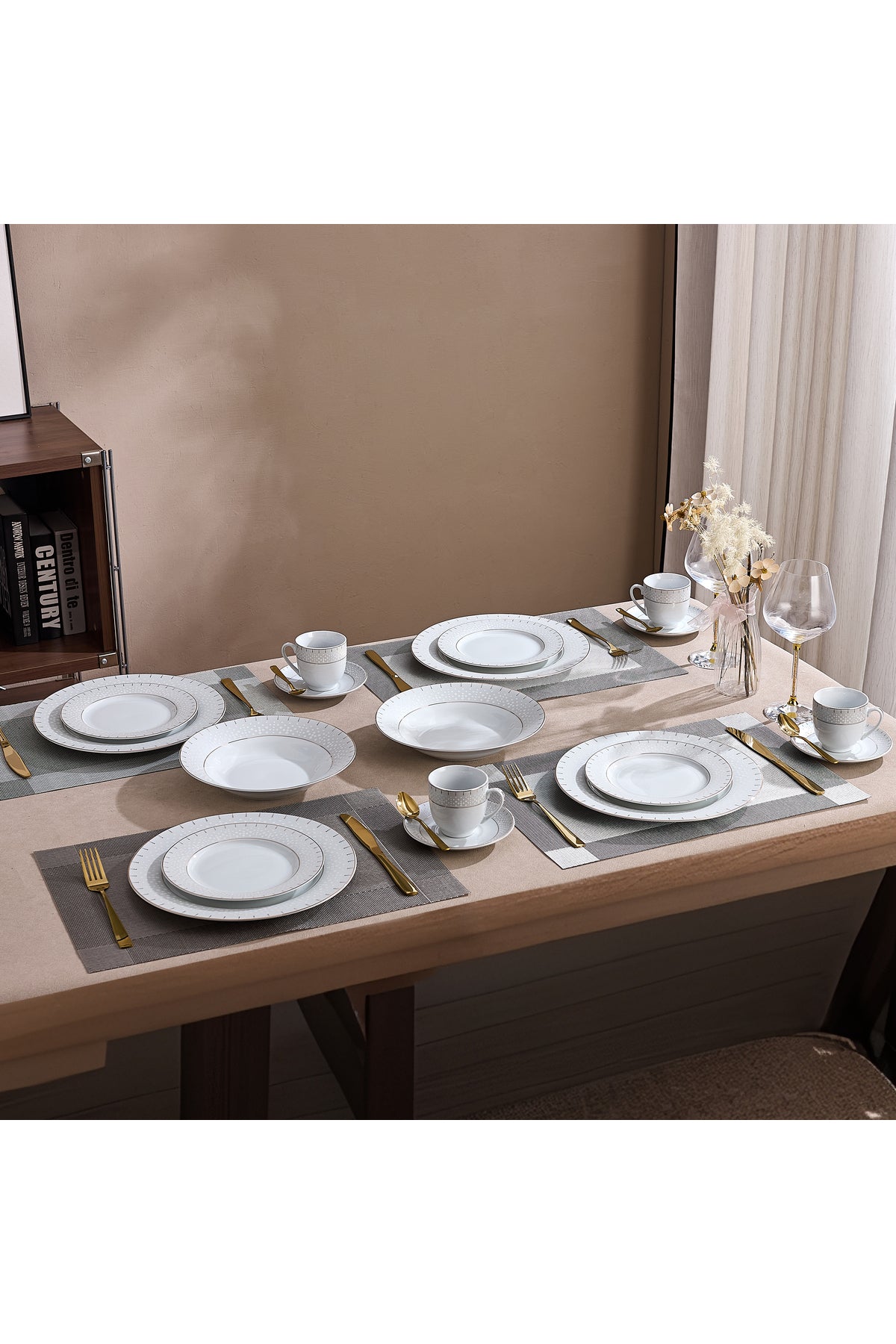 Serviciu de Masă 6 persoane Golden Aurora din Porțelan 30 piese, Design Geometric și Bordură Aurie