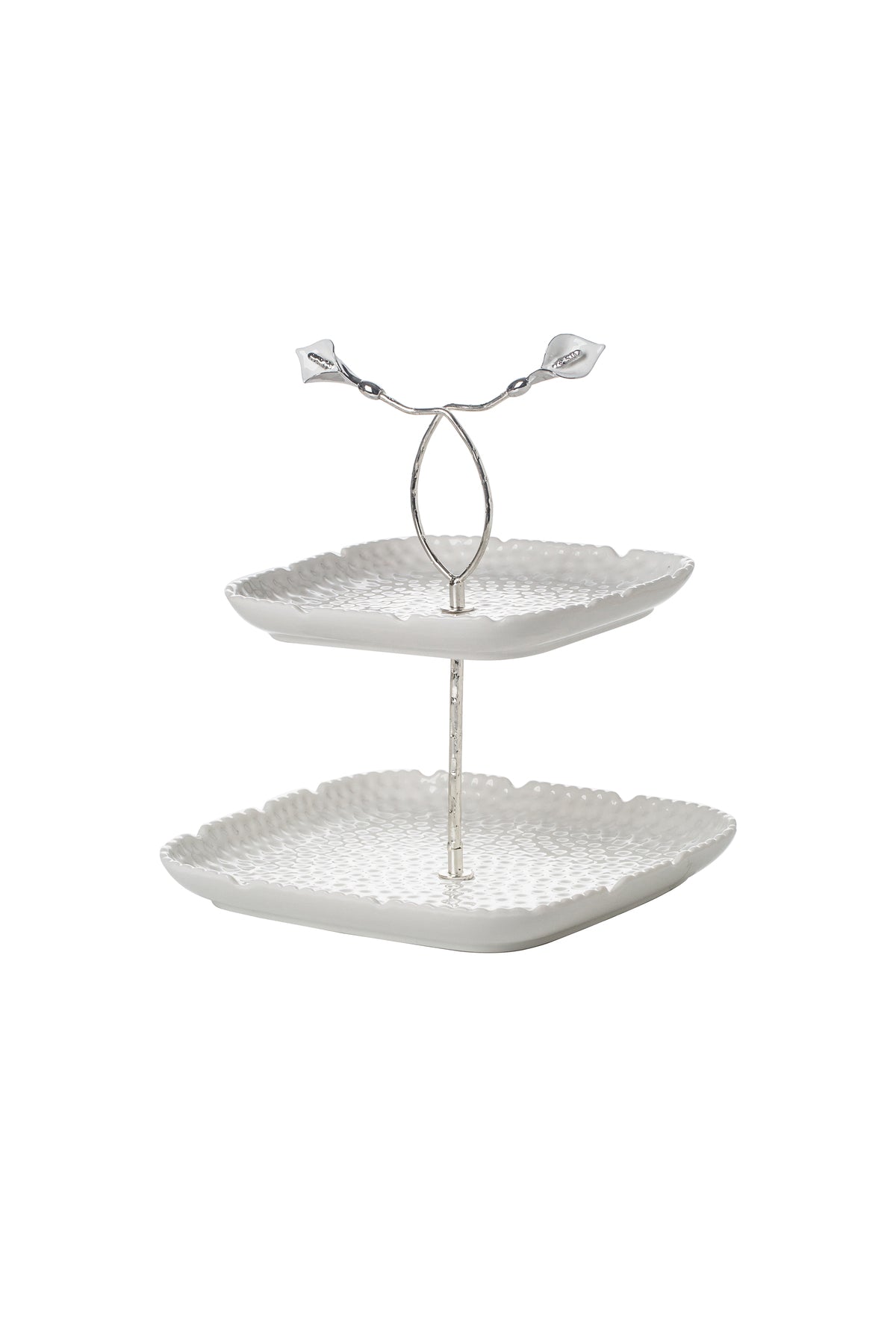 Platou etajat Candy Bar din Porțelan cu Detalii Florale Metalice - 29.8 cm