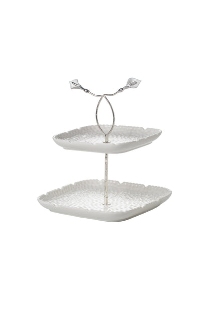 Platou etajat Candy Bar din Porțelan cu Detalii Florale Metalice - 29.8 cm