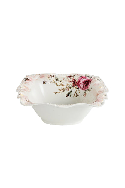Bol porțelan model floral vintage, margini ondulate, 26.5 cm