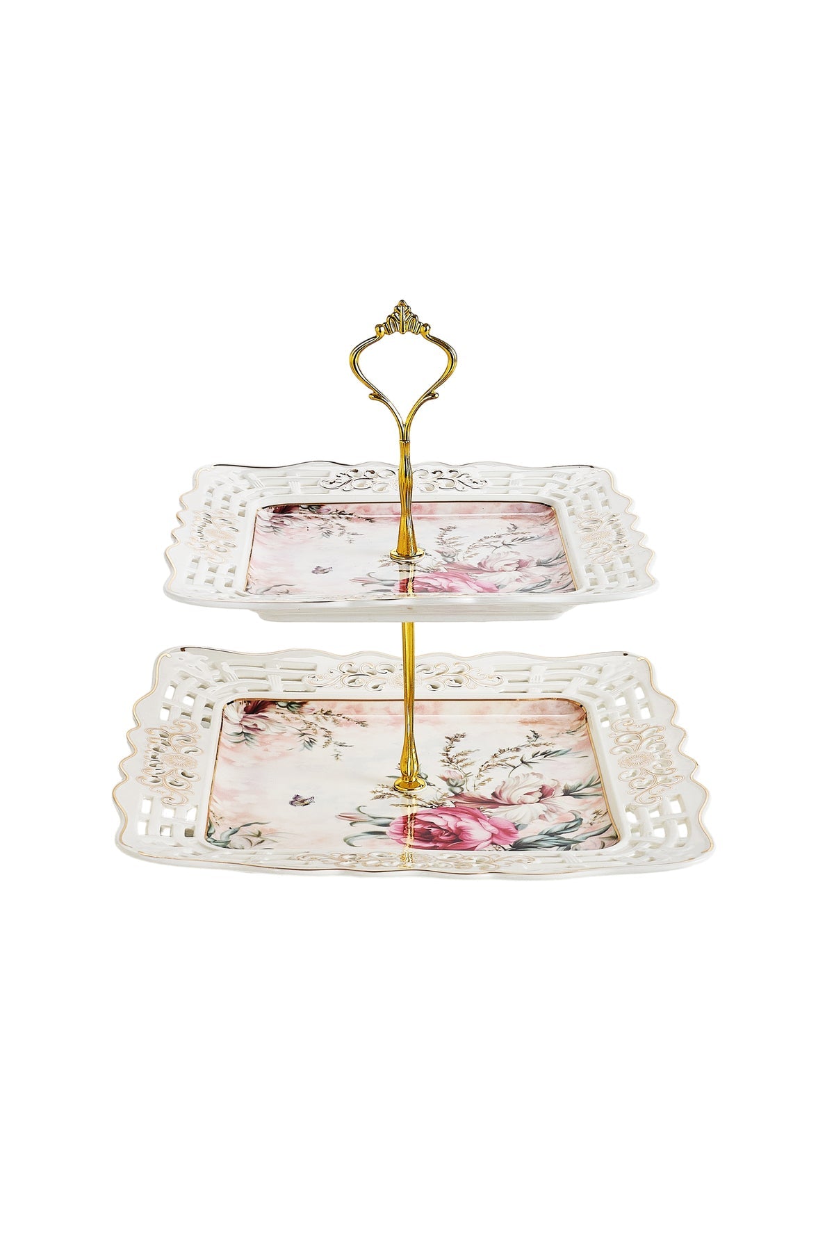Platou etajat 2 niveluri porțelan, model floral vintage, tijă metalică aurie