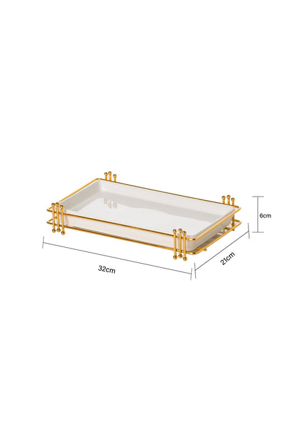 Set platou servire din porțelan cu suport metalic auriu, 32 cm
