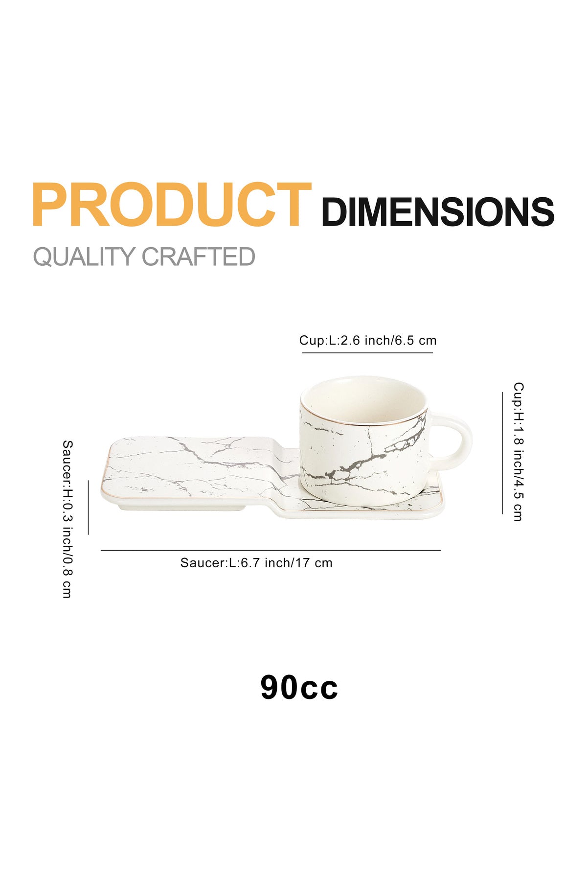 Set 6 cești espresso din porțelan cu farfurioare dreptunghiulare pentru servire, 90 ml - Alb