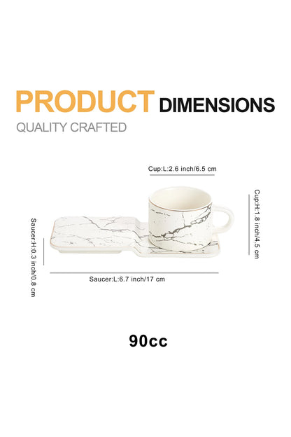 Set 6 cești espresso din porțelan cu farfurioare dreptunghiulare pentru servire, 90 ml - Alb