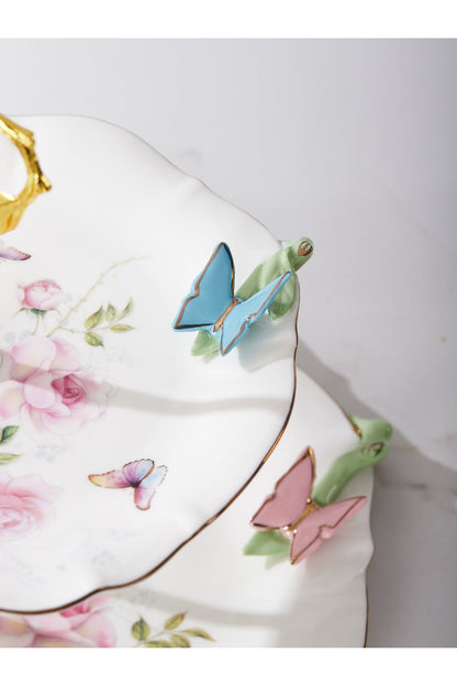 Etajeră 2 nivele Butterfly – porțelan cu fluturi sculptați și flori, suport prăjituri și deserturi