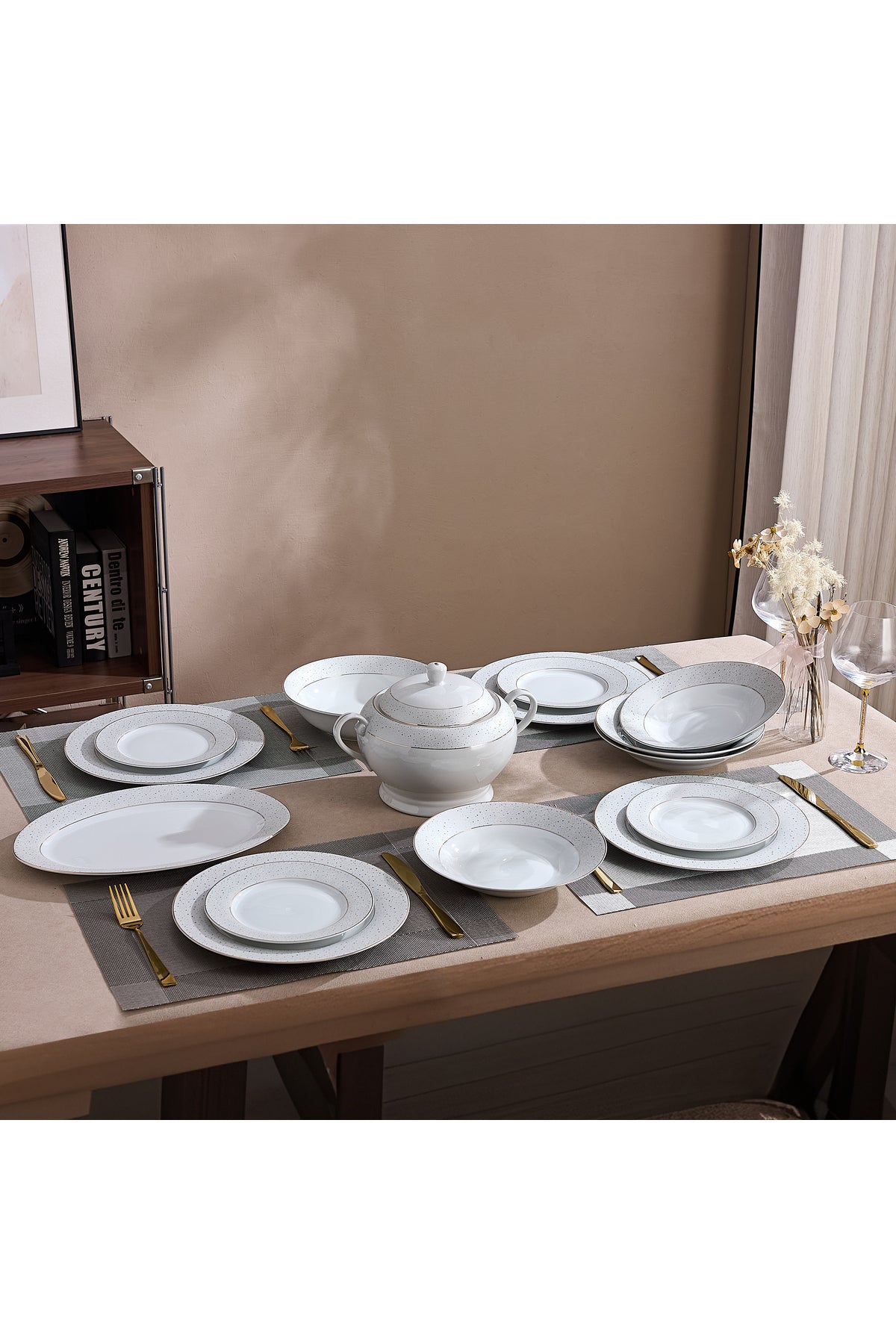 Serviciu de Masă 12 Persoane Golden Stardust din Porțelan 40 piese, Design Modern cu Bordură Aurie