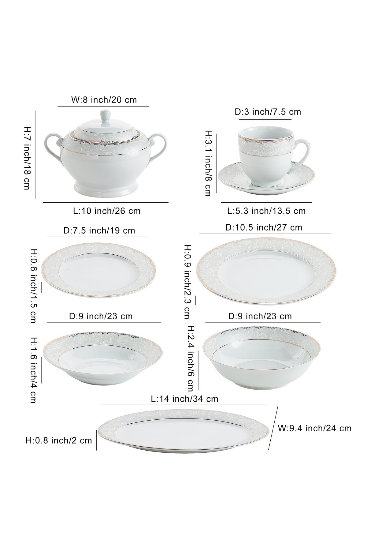 Serviciu de Masă 12 Persoane Golden Heritage din Porțelan 64 Piese, Design Clasic Oriental Auriu