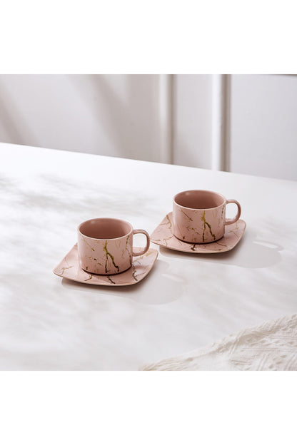 Set de 2 cești cu 2 farfurioare, 180 ml - Roz pal marmorat