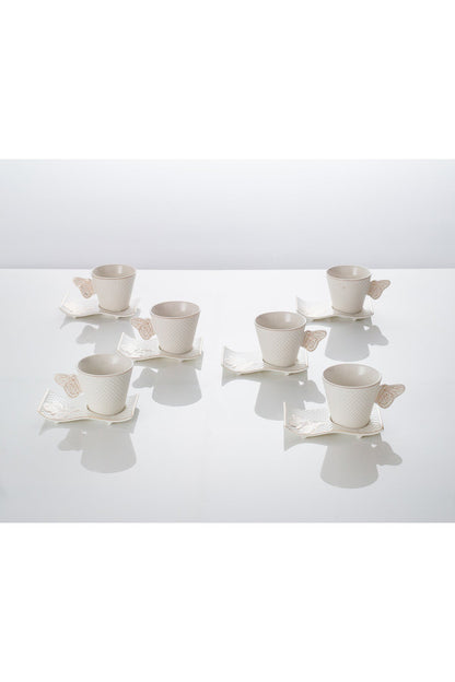 Set 6 Cești de cafea cu 6 farfurii ondulate, 180 ml, Porțelan – Model Fluture - Auriu