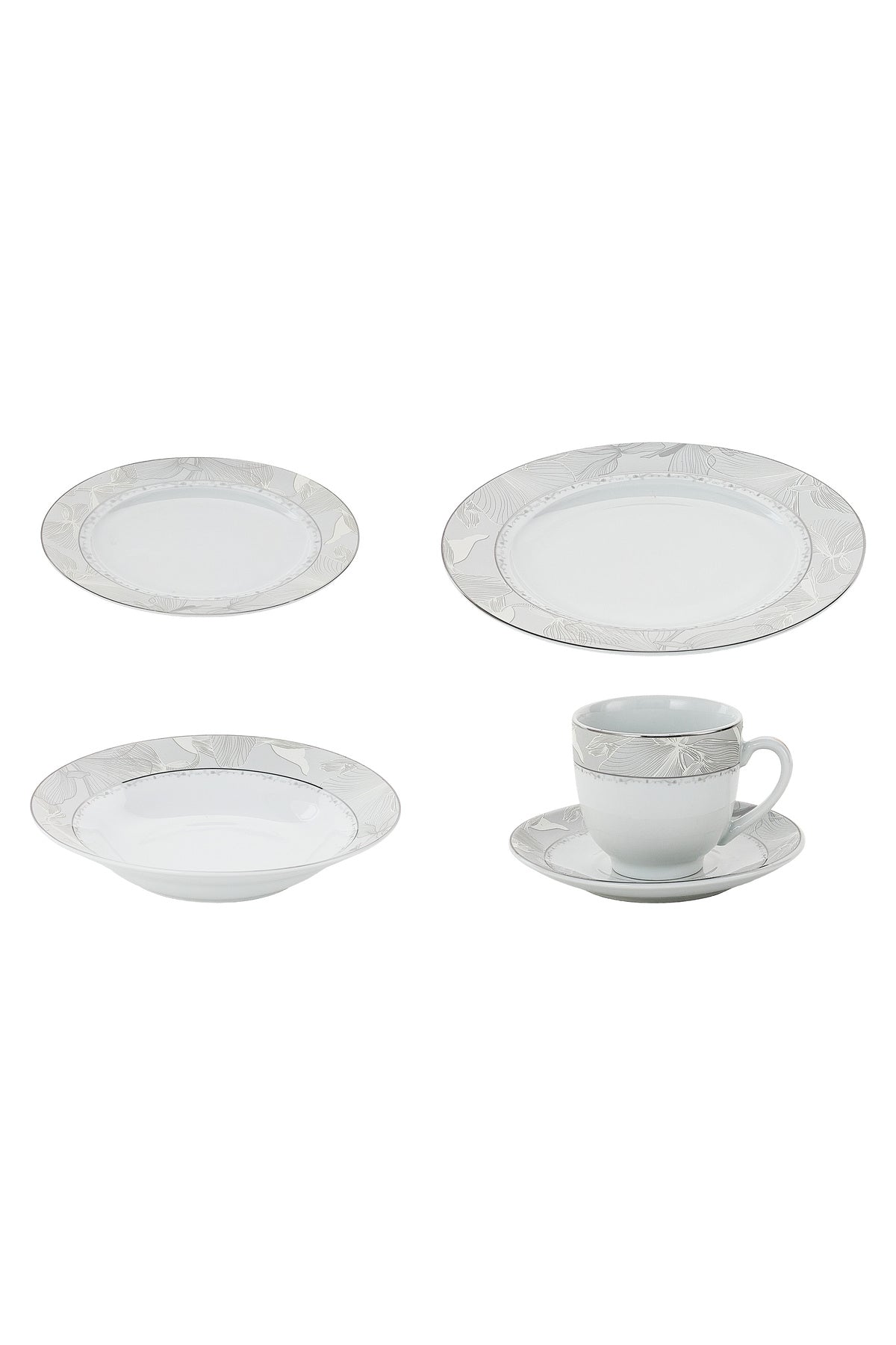 Serviciu de Masă 6 persoane Silver Leaf din Porțelan 30 piese, Design Floral cu Bordură Argintie