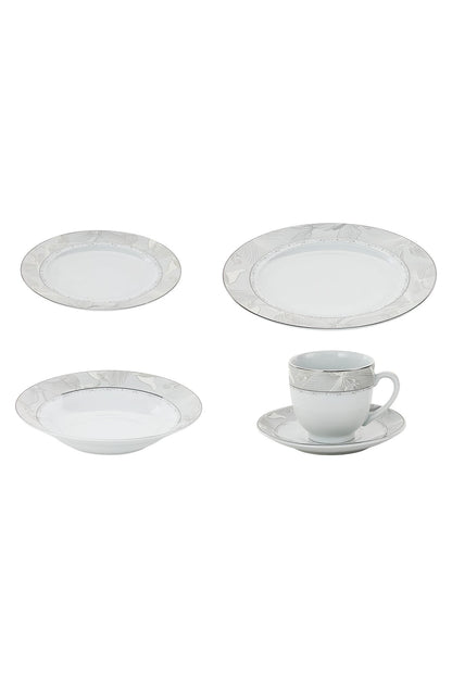 Serviciu de Masă 6 persoane Silver Leaf din Porțelan 30 piese, Design Floral cu Bordură Argintie