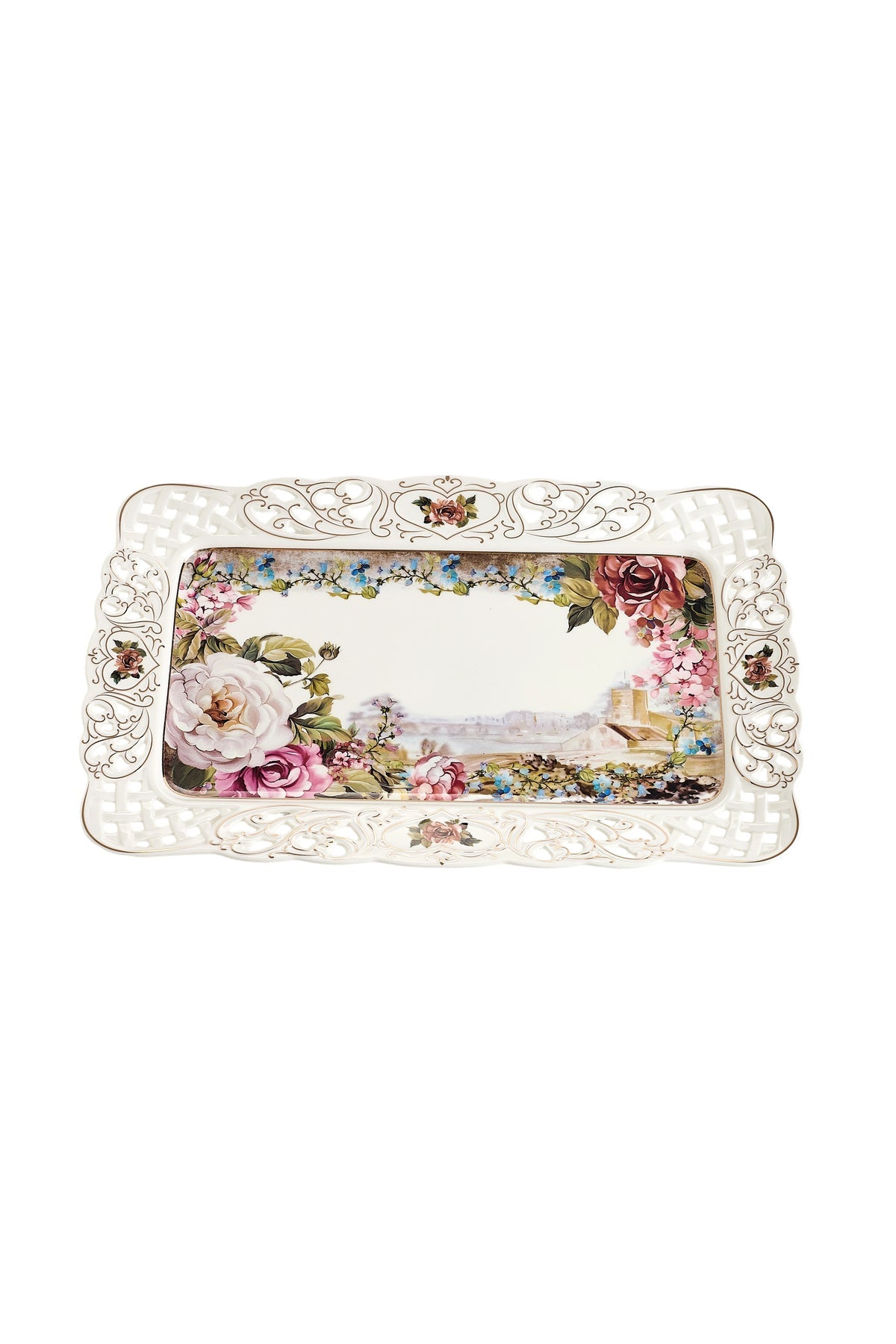 Tavă servire porțelan model floral vintage, margini dantelate decupate, 36 x 23 cm