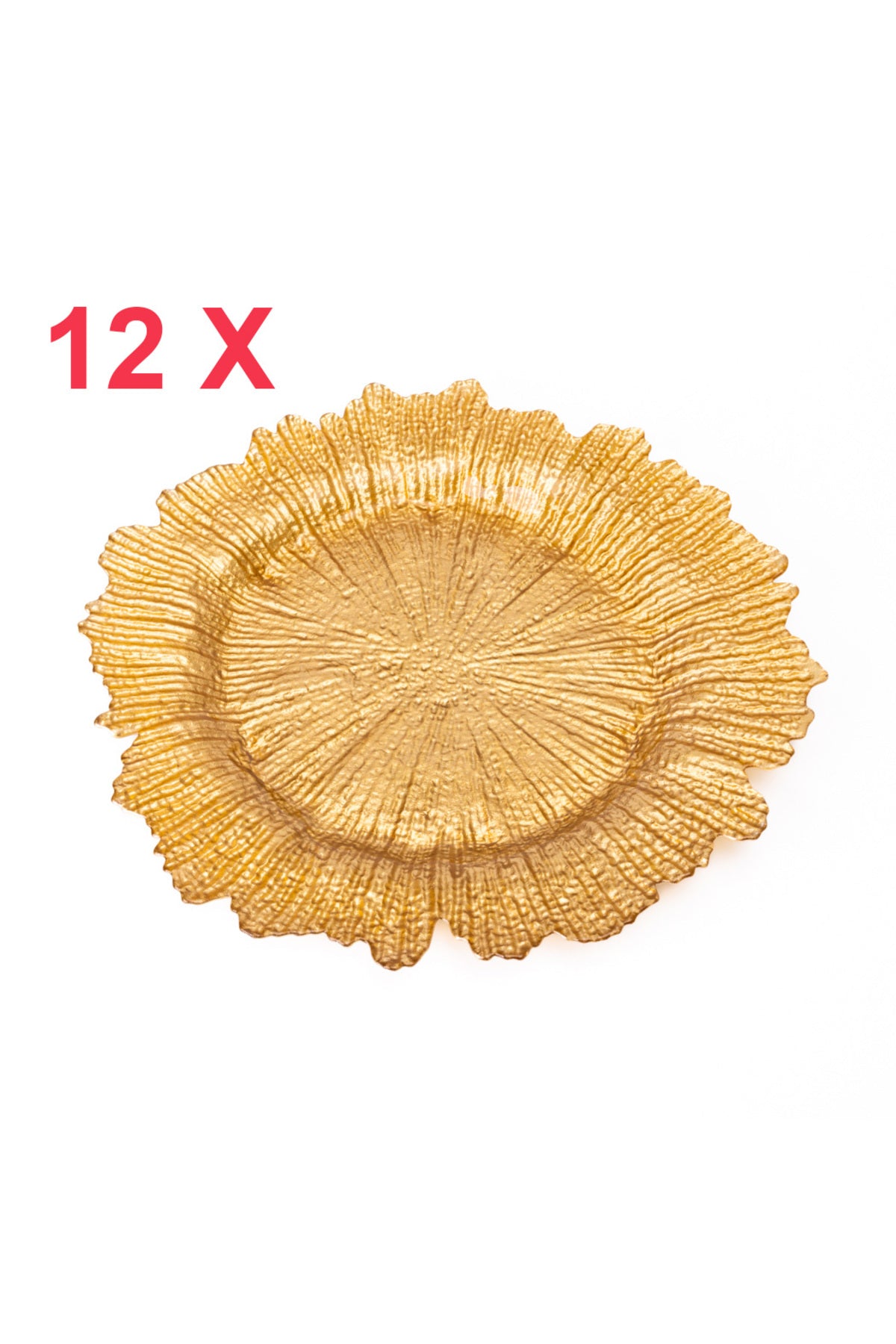 Set 12 farfurie suport decorativă sticlă, model coral auriu, Golden petal, diametru 35 cm