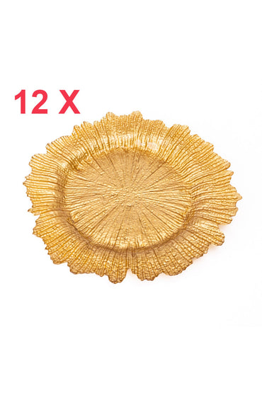 Set 12 farfurie suport decorativă sticlă, model coral auriu, Golden petal, diametru 35 cm