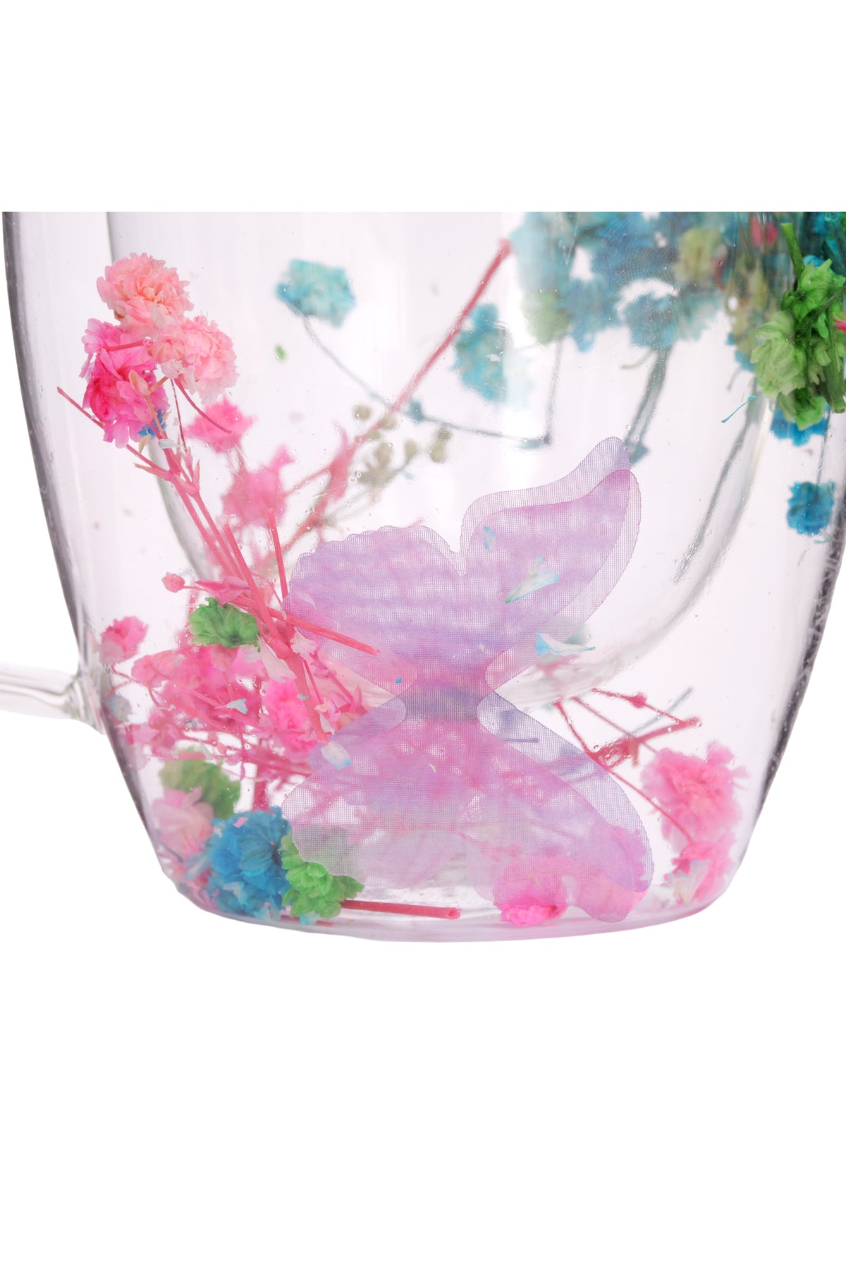 Cană din Sticlă cu Pereți Dubli "Butterfly" cu Flori Uscate și Fluture Decorativ – 350 ml
