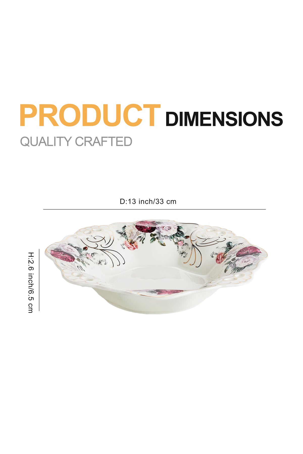 Bol fructieră porțelan model floral vintage, margini dantelate, diametru 33 cm