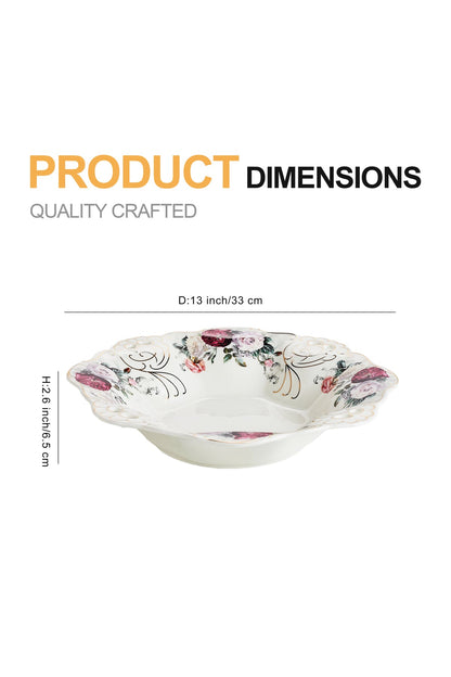 Bol fructieră porțelan model floral vintage, margini dantelate, diametru 33 cm