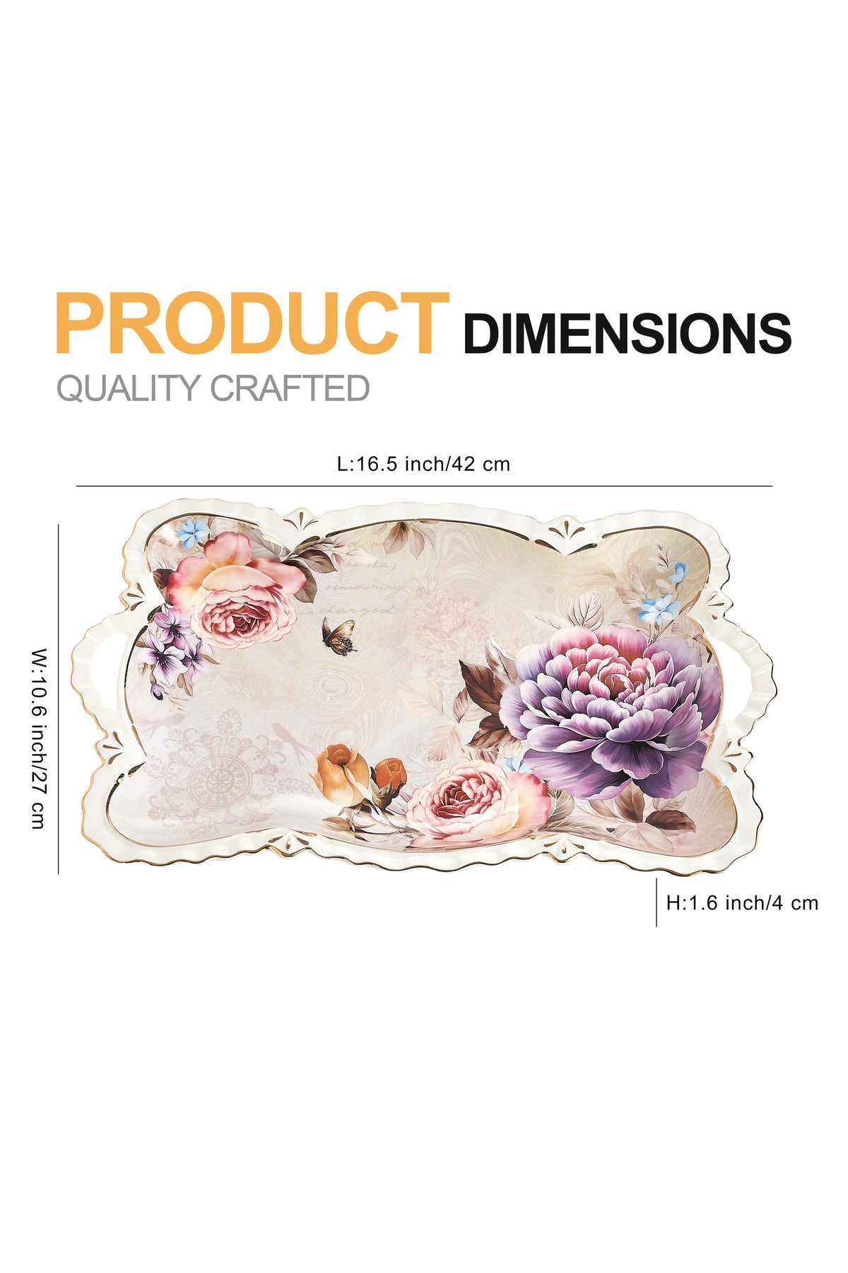 Tavă servire porțelan model floral vintage, mânere integrate, 42 x 27 cm