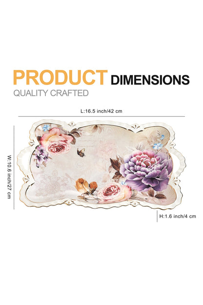 Tavă servire porțelan model floral vintage, mânere integrate, 42 x 27 cm