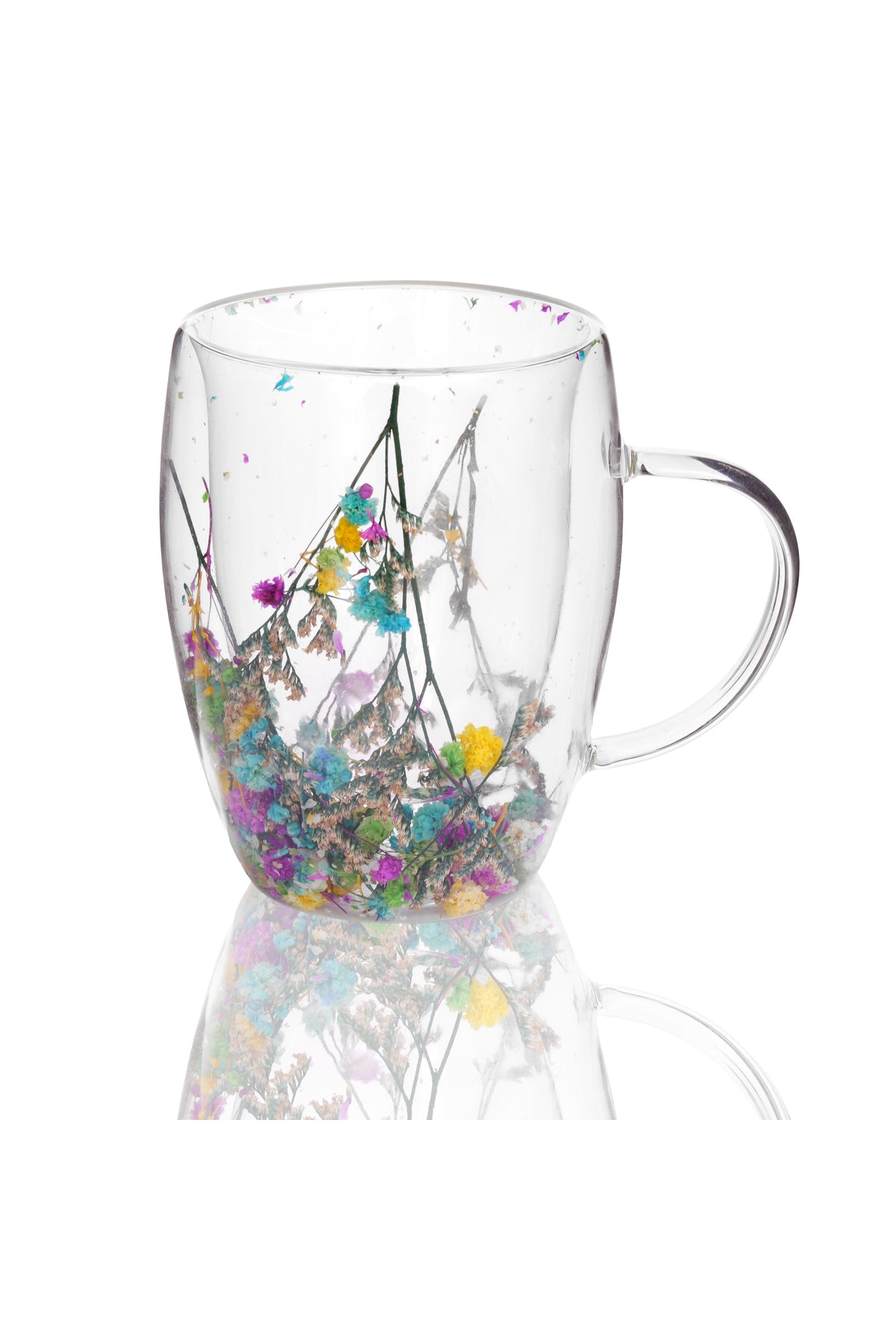 Cană din Sticlă cu Pereți Dubli "BELLA", cu Flori Naturale Uscate - 350 ml
