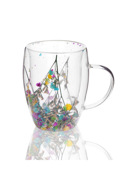 Cană din Sticlă cu Pereți Dubli "BELLA", cu Flori Naturale Uscate - 350 ml