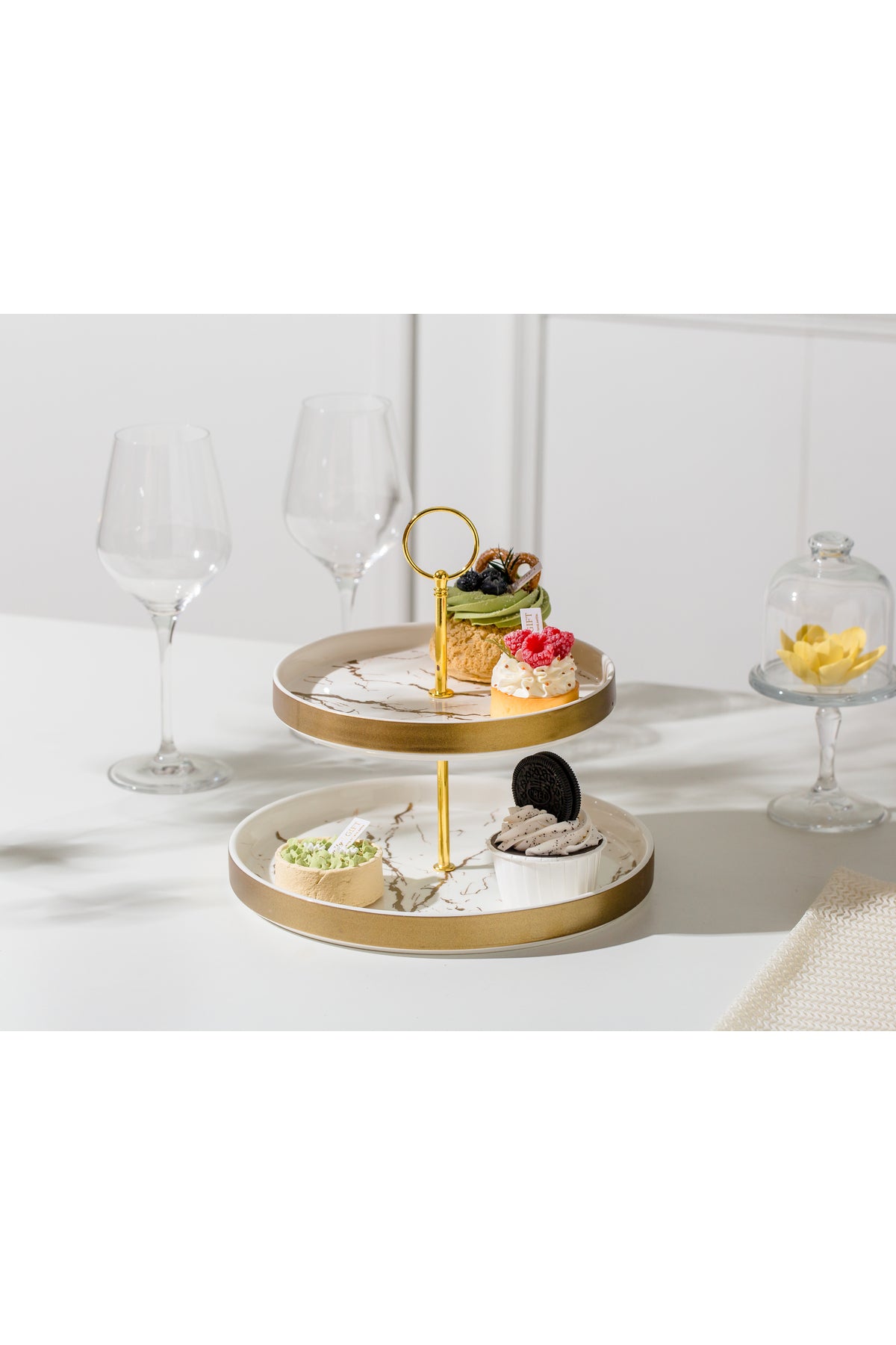 Suport Prăjituri Etajat din Porțelan, 2 Niveluri, 25 cm - Marble collection
