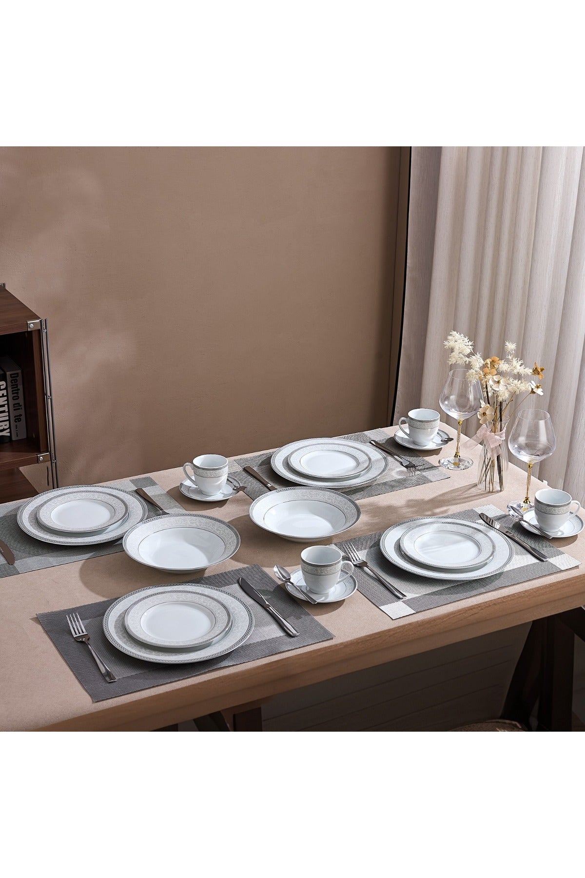 Serviciu de Masă 6 persoane Royal Medallion din Porțelan 30 piese Design Floral cu Bordură Argintie