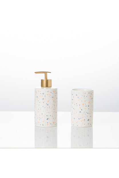 Set accesorii baie Terrazzo 2 piese – dozator sapun lichid si pahar, porțelan cu detalii aurii