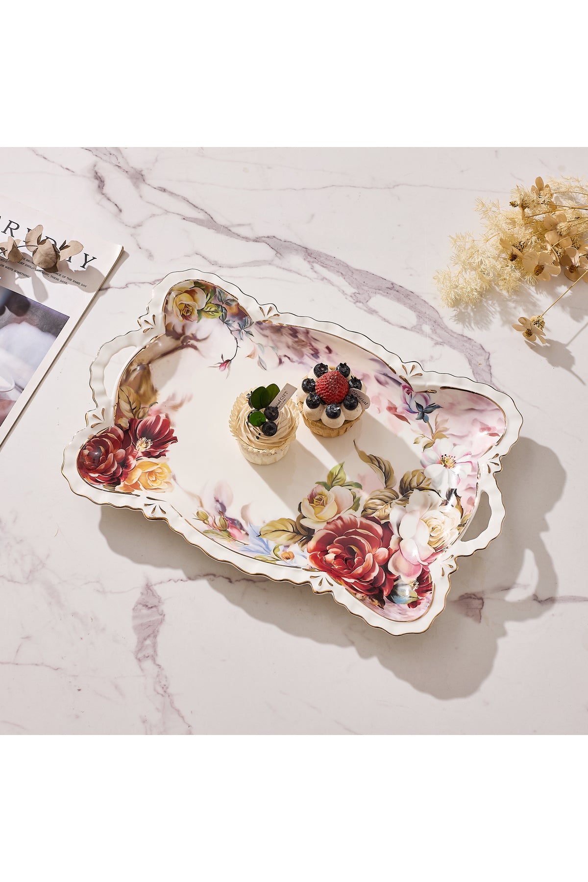Tavă servire porțelan model floral vintage, mânere integrate, 42 x 27 cm