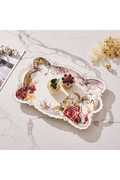 Tavă servire porțelan model floral vintage, mânere integrate, 42 x 27 cm