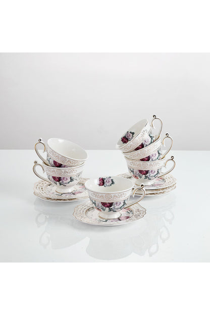 Set 6 cești espresso cu 6 farfurioare rotunde porțelan 90 ml – model floral elegant