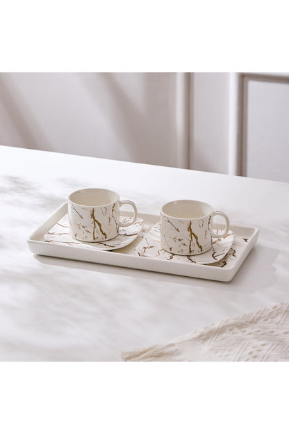 Set 2 cești cu 2 farfurioare și platou din porțelan, 180 ml - Marble collection