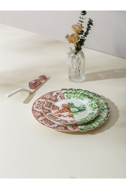 Set tort Heritage – 6 farfurii desert și farfurie mare porțelan, design rustic vintage maro și verde