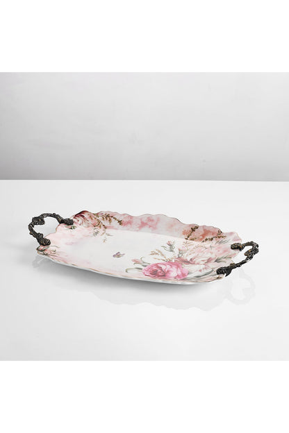 Tavă servire porțelan ovală model floral vintage, mânere metalice bronz, 44.5 cm