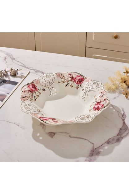 Bol fructieră porțelan model floral vintage, margini dantelate, diametru 33 cm