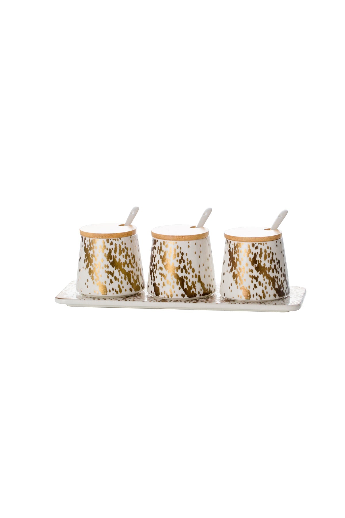 Set 3 Recipiente Condimente din porțelan, Capace Bambus și Tavă suport - Sprinkles Collection