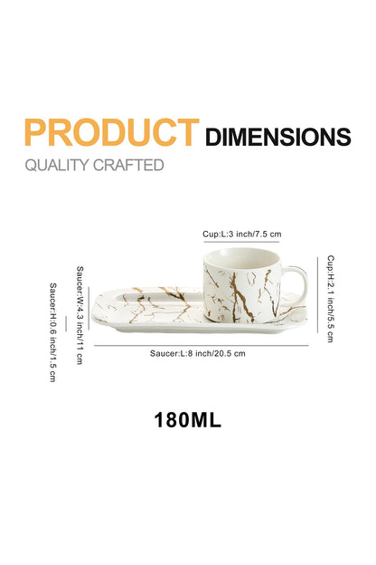 Set de 6 cești cu 6 farfurioare platou dreptunghiular, porțelan, 180 ml - Marble collection