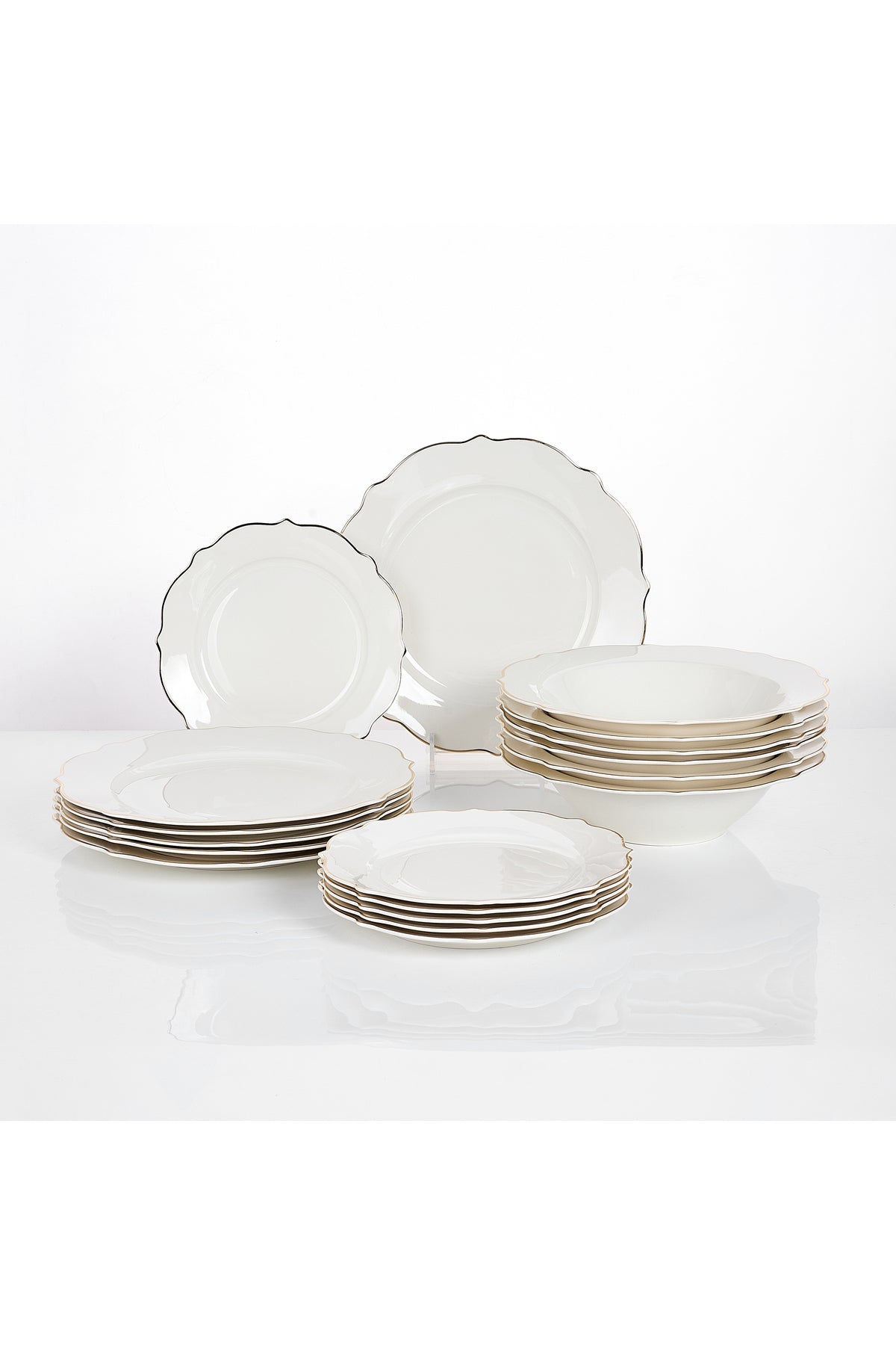 Set masă 18 piese porțelan Dubai, alb cu bordură aurie, 6 persoane