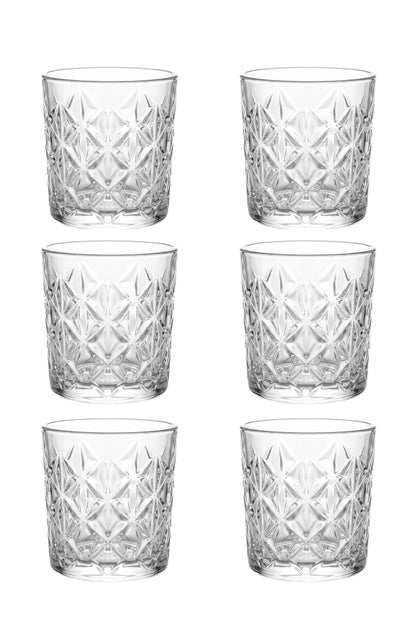Set 6 pahare whisky sticlă Star, model stea gravat, 340ml, transparent