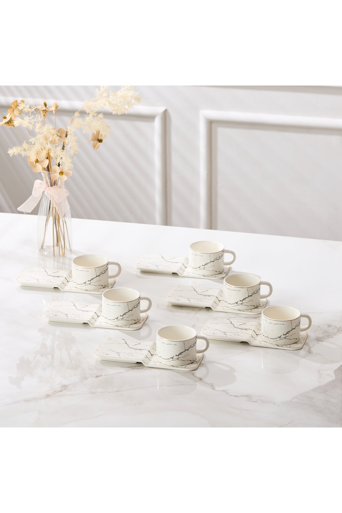 Set 6 cești espresso din porțelan cu farfurioare dreptunghiulare pentru servire, 90 ml - Alb
